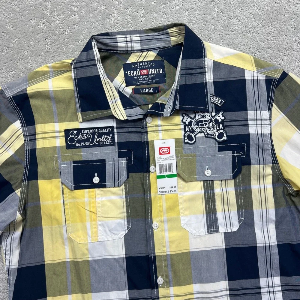 Y2k Ecko Unltd Shirt Mens Large Plaid East to West Woven Short Sleeve Skate BNWT